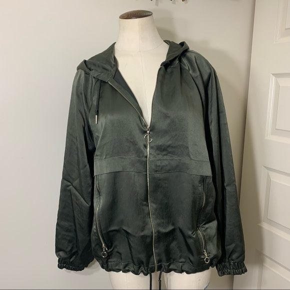 Zara Satin Bomber Jacket Green Hooded Zip Up Green Sz M Relaxed Fit Y2K - Picture 5 of 15